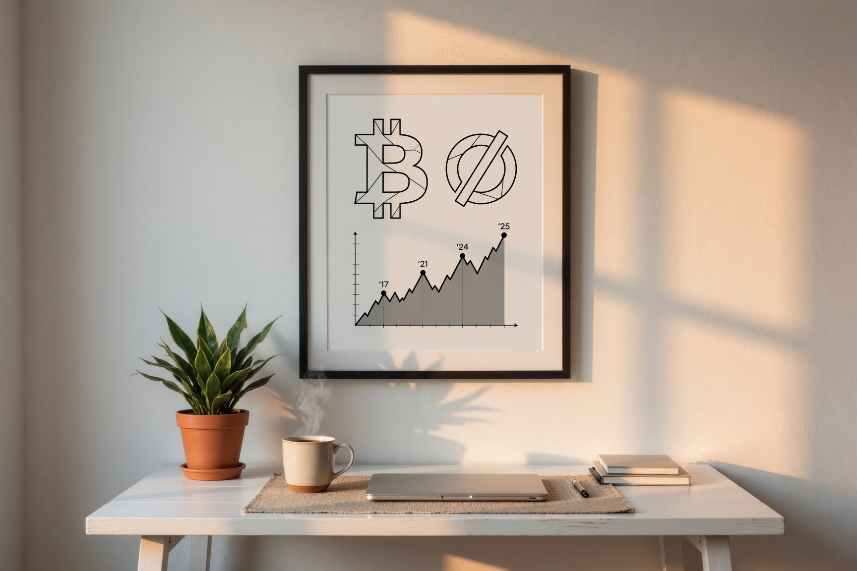 Minimalist Bitcoin poster framed above a clean home office desk