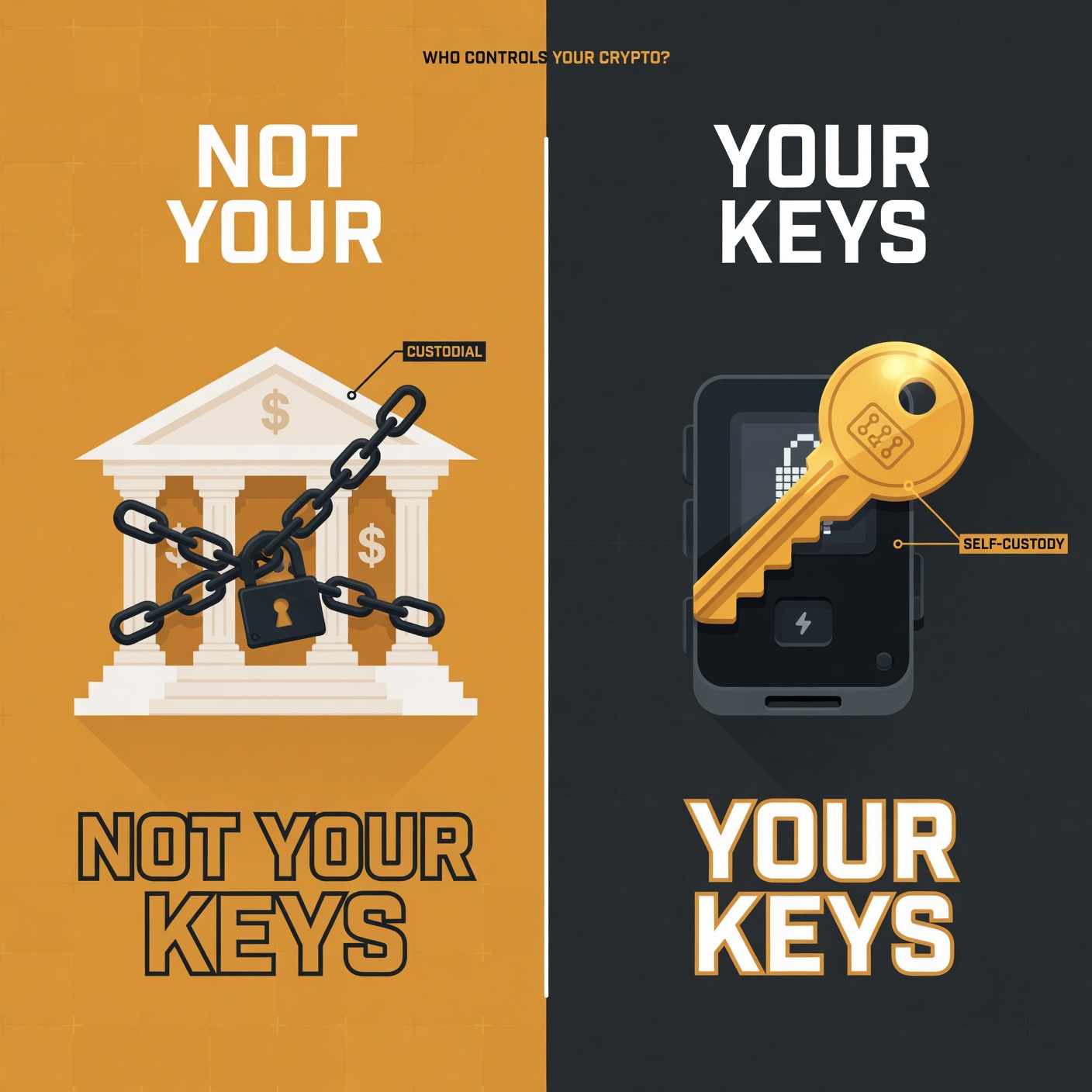 Not Your Keys vs Your Keys — infographic showing the difference between exchange custody and self-custody