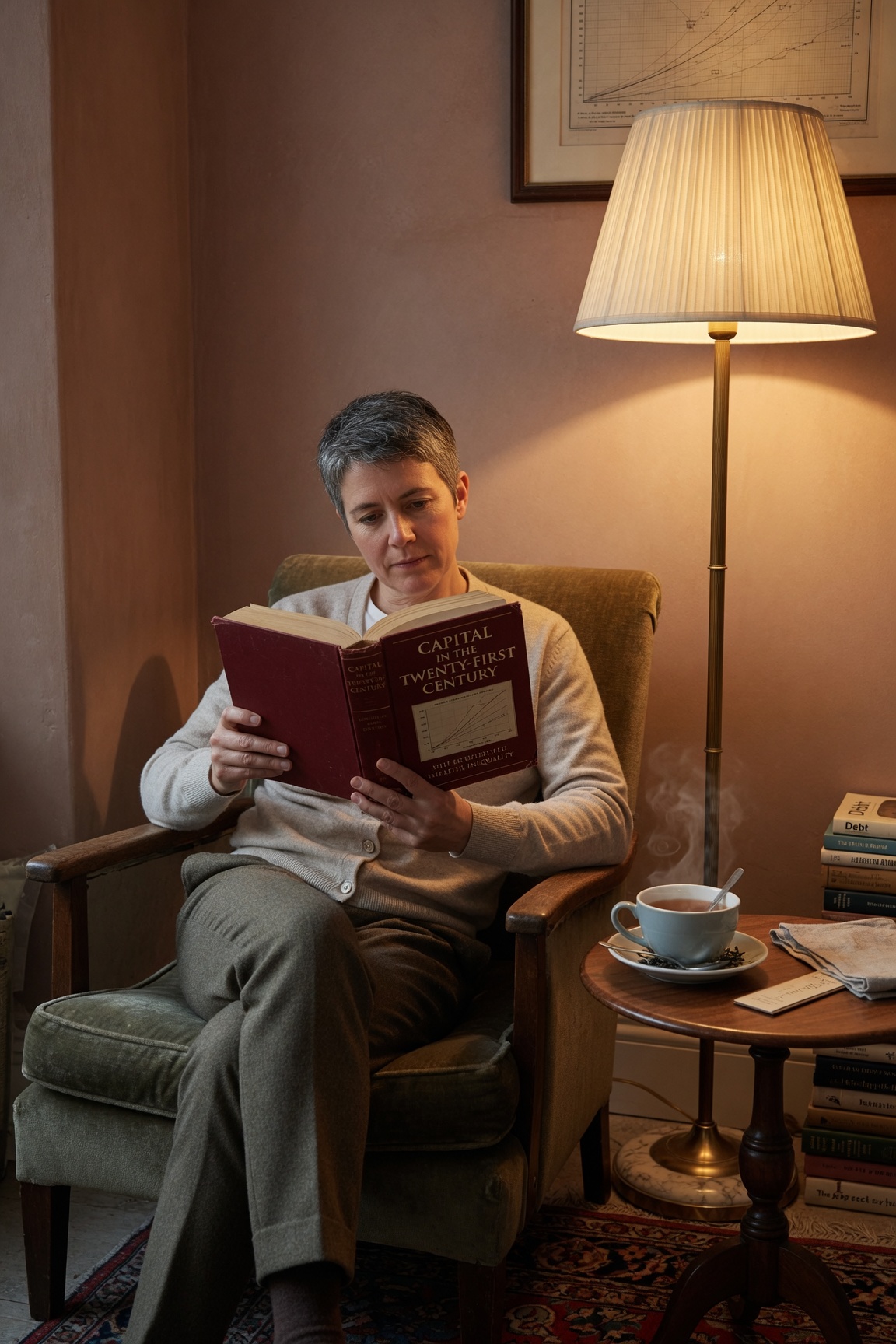 Person reading a Bitcoin economics book in an armchair with lamp and tea, no phone in sight