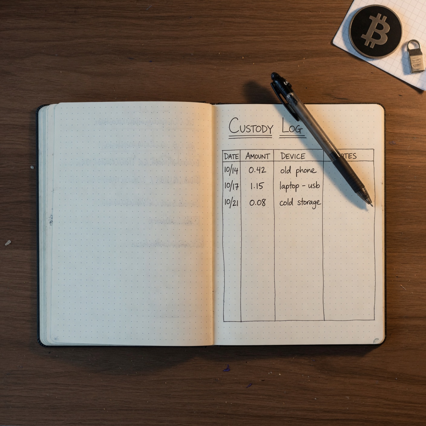 Dot-grid custody tracking notebook open to a hand-drawn transaction log