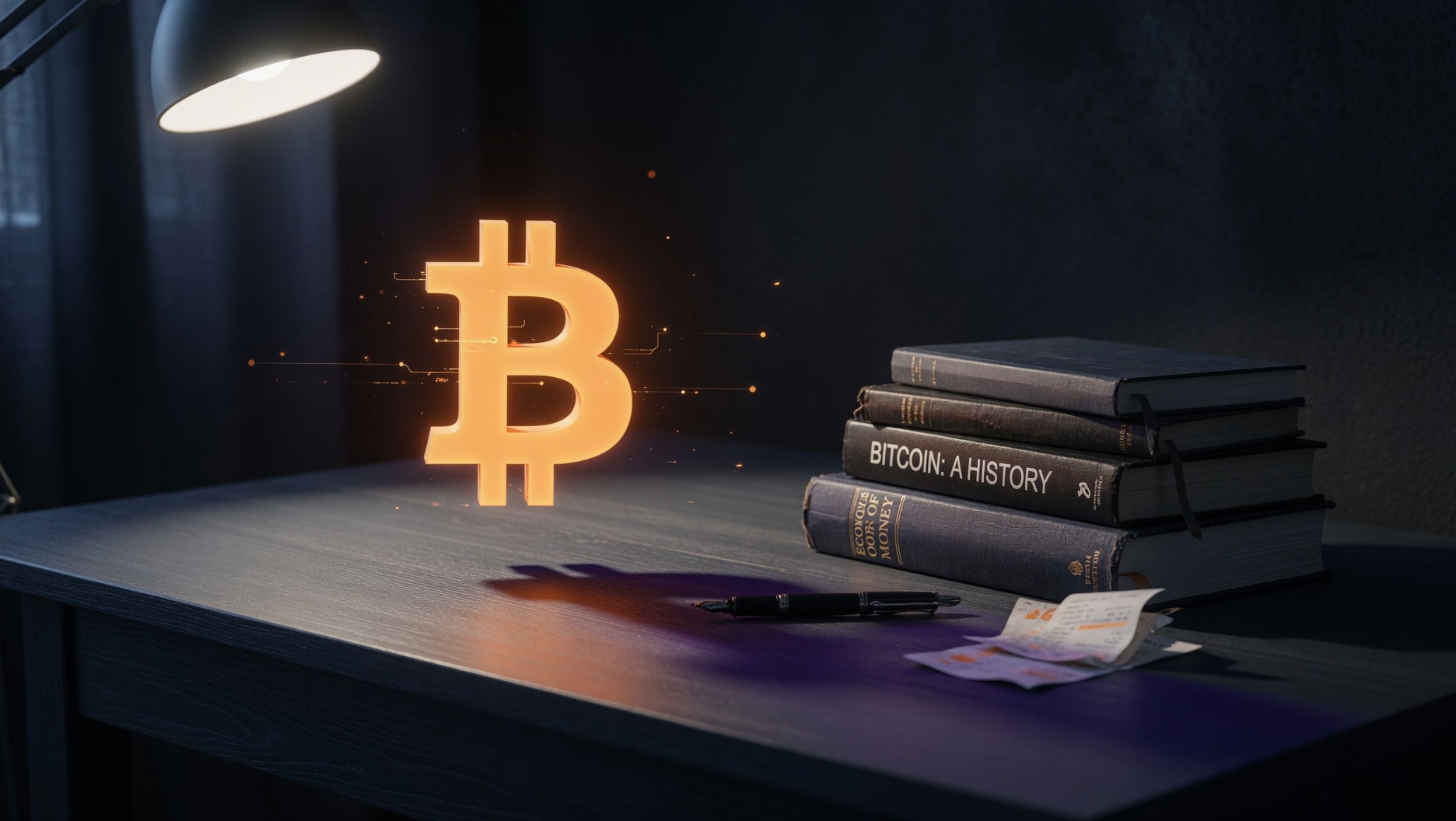 Bitcoin books, wallet, and market charts on a planning desk