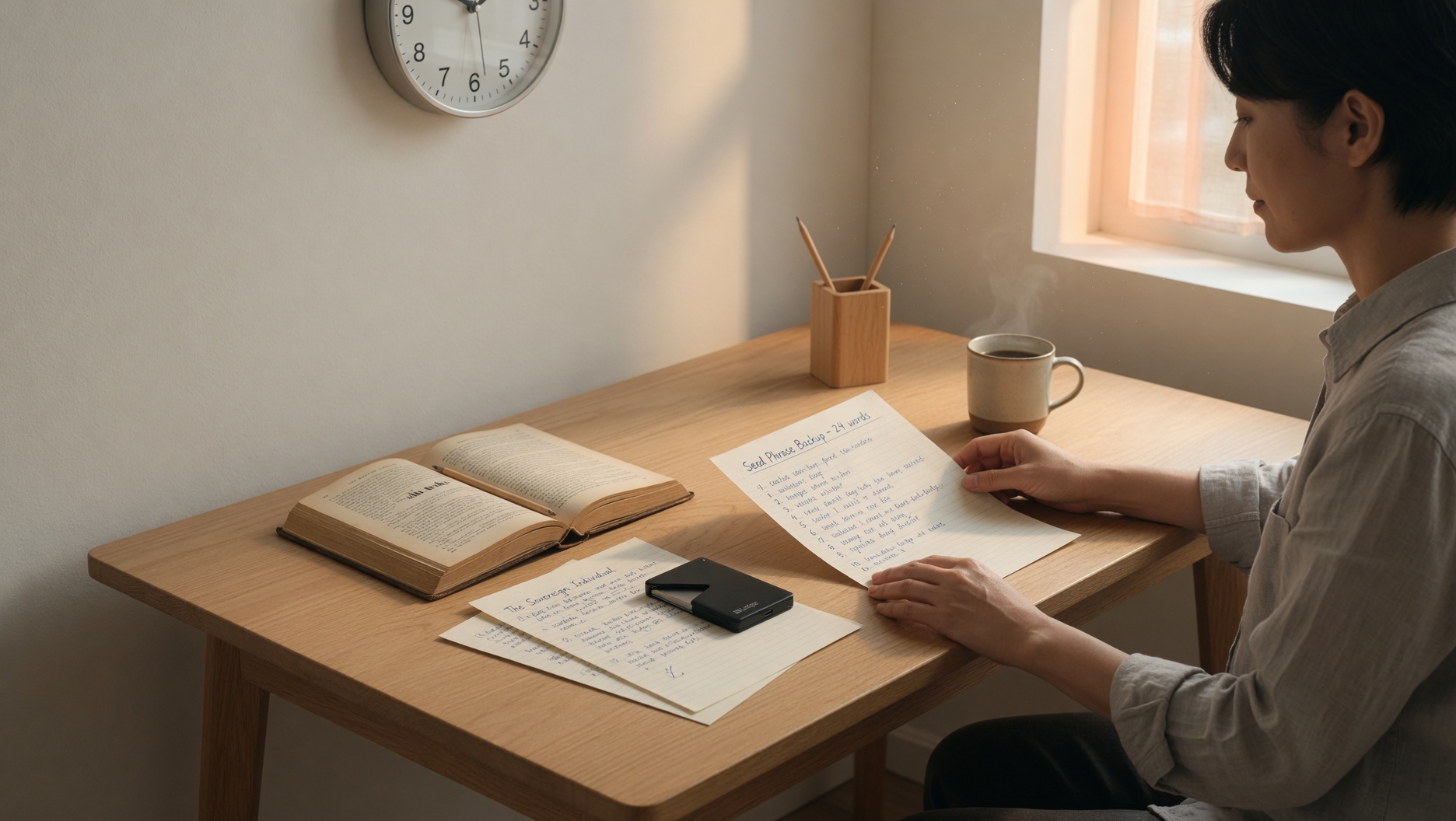 Bitcoin hardware wallet and seed backup at a morning desk — a long-term holder's setup