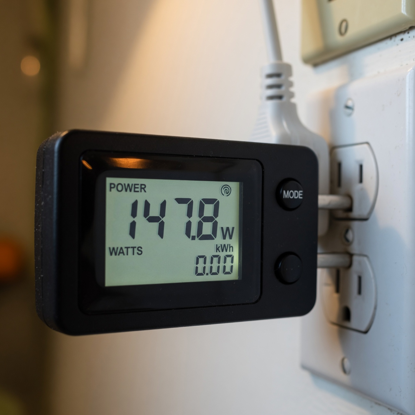 Plug-in power monitoring meter showing wattage of a connected device