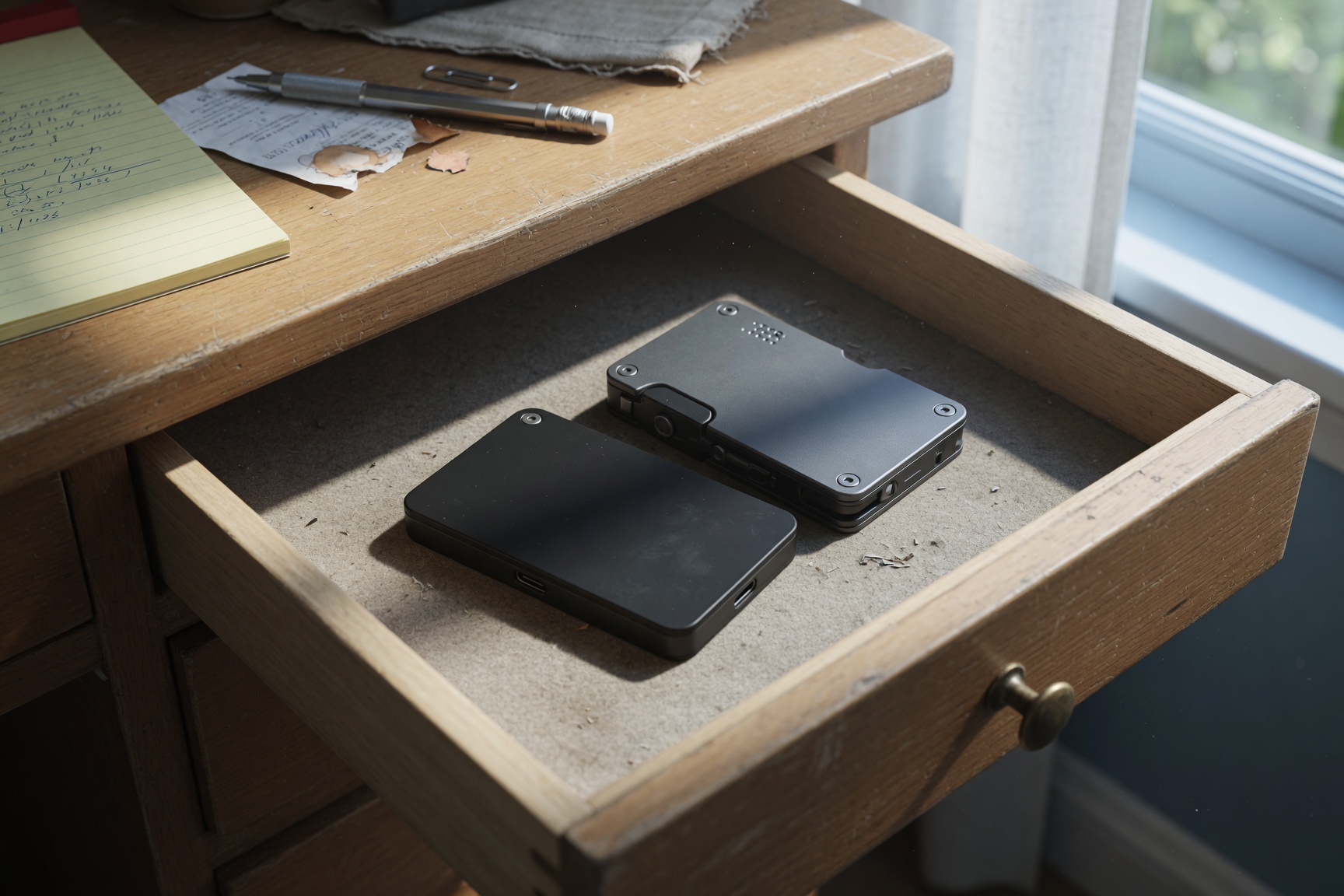 Two hardware wallets in a desk drawer illustrating a dual-wallet decoy strategy